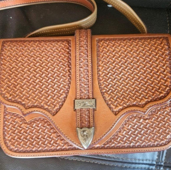 Custom Hand Tooled Tackery Crossbody Basket Weave Saddlery Bag Cowhide Purse - Picture 7 of 12